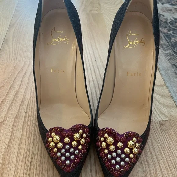 Christian Louboutin Coralta Mia Glitter Black/Velour Jeweled Heart 100Black 39